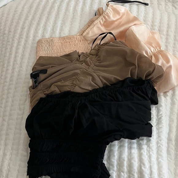 Bundle of 3 Forever21 crop Women's Ruched Tops - Black, Tan, and Creamy peach L - Picture 3 of 3